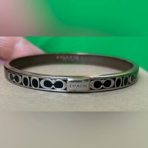 Coach Silver and Black Signature C Thin Bangle Bracelet